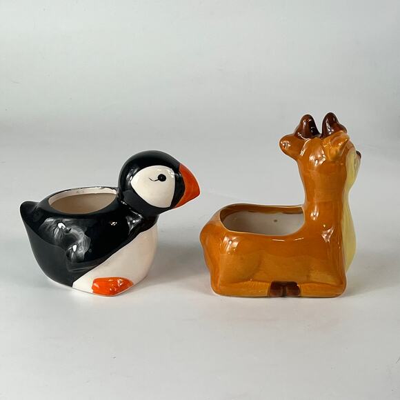 4 Figural Small Planters Deer Puffin Bird Frog Strawberry Desk Mini Collection - Picture 6 of 16